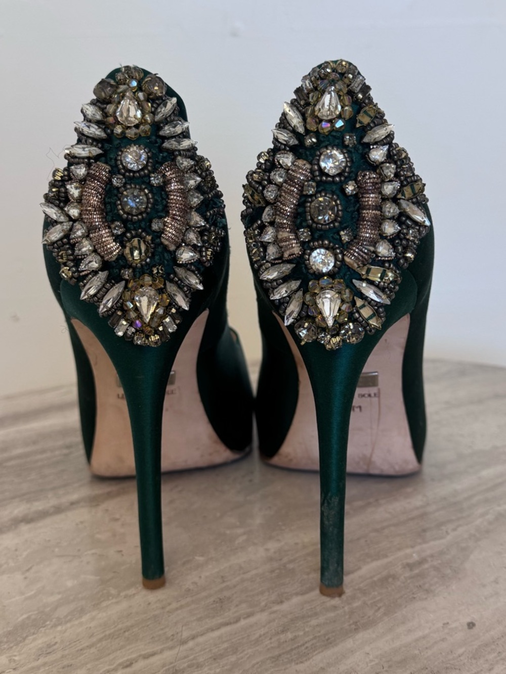 Badgley Mischka Emerald Green Satin Jeweled Stiletto Pumps